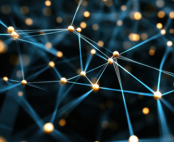 Abstract network of glowing golden nodes connected by thin blue lines on a dark background, representing digital connections, data flow, or an online marketing network.