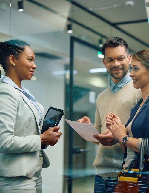 people talking at a bank
