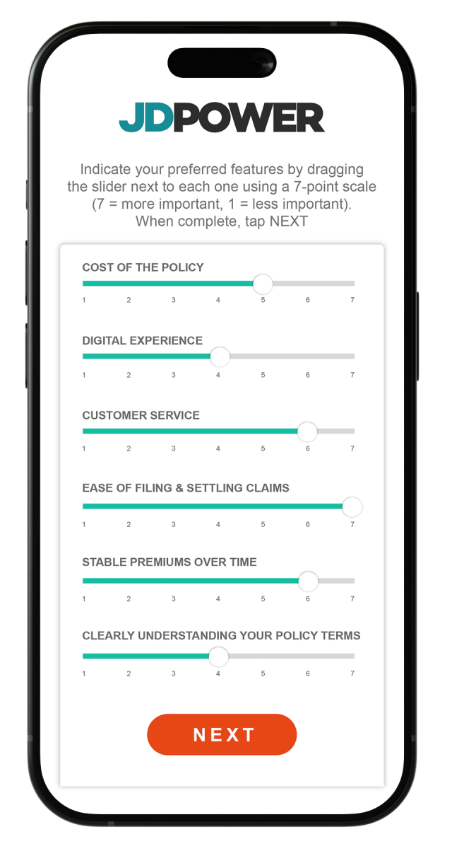 Phone displaying a JD Power Intelligent Match, policy shoppers can tap directly into advice from over ¼ million auto insurance customers for a deeply personalized experience.
