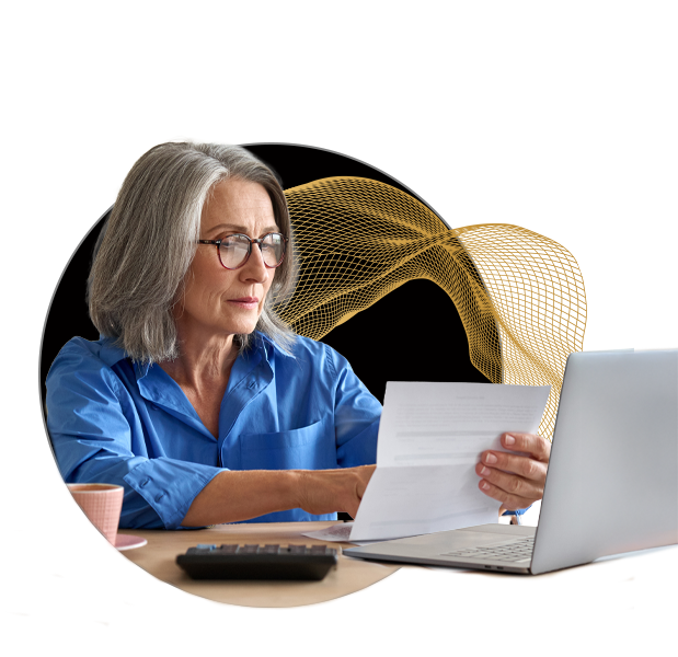 Woman reading statement in front of her computer