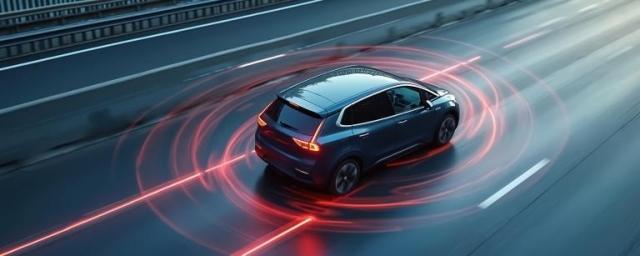 Dark SUV driving on highway with red radar detection waves illustrating autonomous vehicle sensors