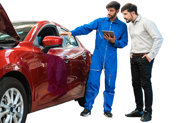 Automotive technician discussing maintenance recommendations with a vehicle owner, representing customer experience insights from the J.D. Power ASI Study on aftermarket service performance
