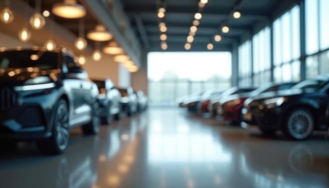 Row of modern cars lined up in a bright dealership showroom with large windows and ceiling lights softly out of focus