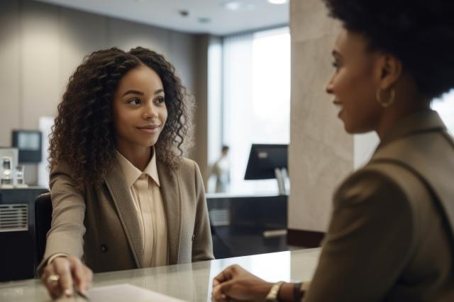 Two professionally dressed people talking across a modern office reception desk, with one person handing a document to the other.