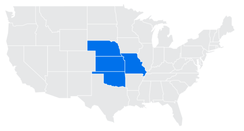 A map with lower midwest states highlighted