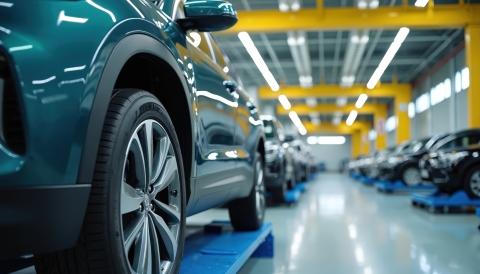 Row of teal-colored vehicles lined up on blue platforms along an automotive assembly line in a brightly lit manufacturing facility with yellow industrial overhead structures