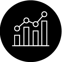 Simple white line icon of a bar chart with an overlaid rising line graph inside a solid black circle