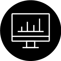 White line icon of a computer monitor displaying a bar chart, centered inside a solid black circle