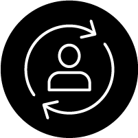 White line icon of a person surrounded by a circular arrow, centered inside a solid black circle