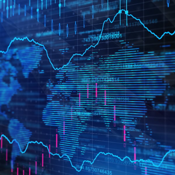 A digital display of financial data, featuring a blue wavy line graph, magenta bar charts, and numerical data overlaid on a blue world map.