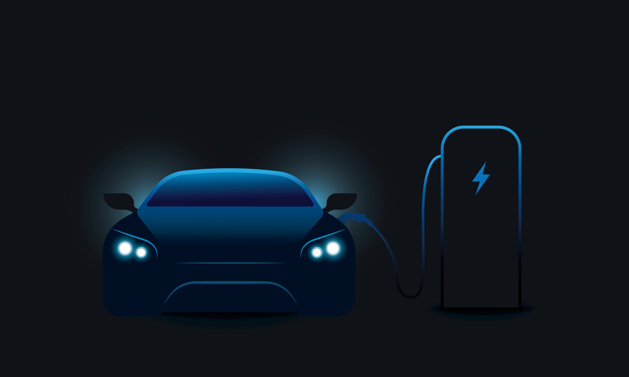 Electric car charging set against black background.|