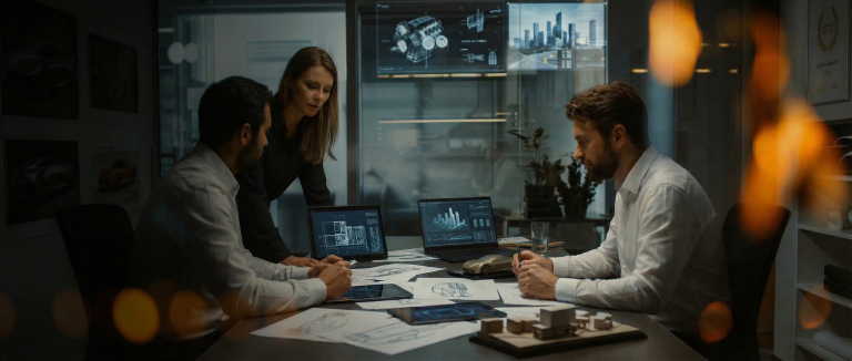 Three designers, two men and one woman, collaborate around a table with laptops, blueprints, and models, with a large screen displaying technical diagrams and cityscapes in the background.