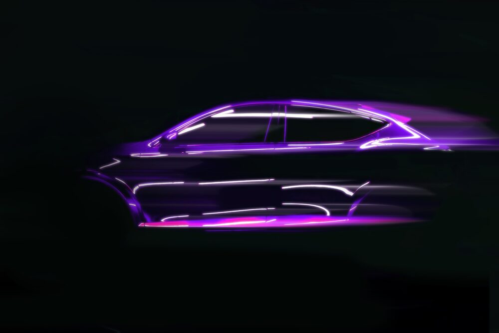 Futuristic car silhouette highlighted by vibrant purple neon light trails in a dark studio environment.