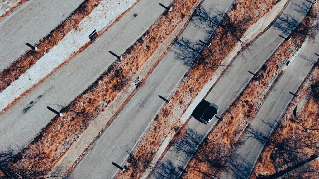 Aerial view of curvy mountain road in Italy