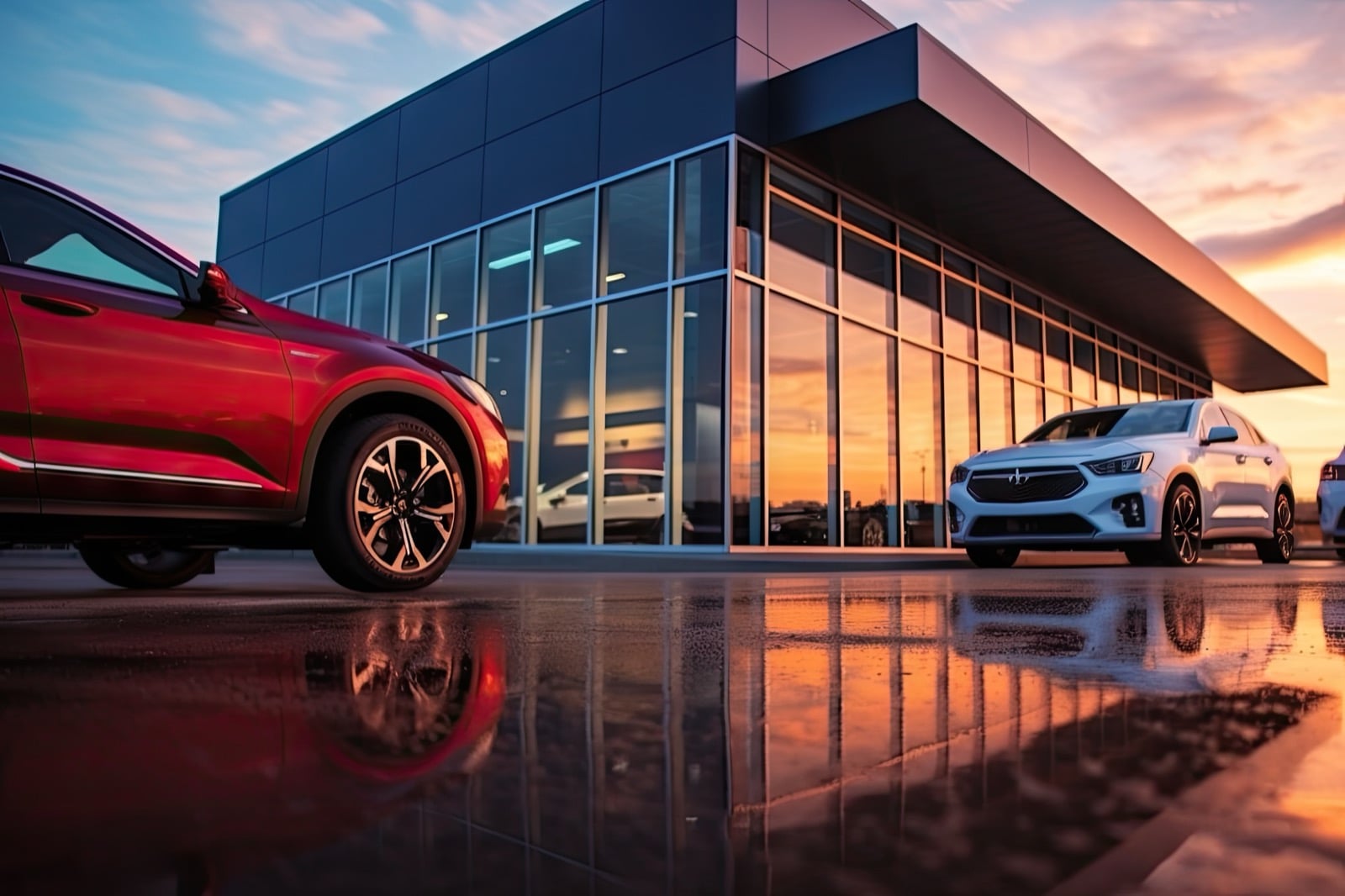 Modern car dealership building at sunset with red & silver cars