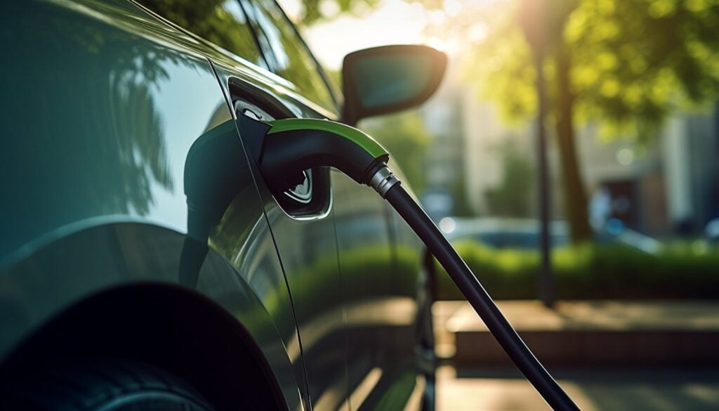 Closeup of an EV charging connector plugged into a car, greenery