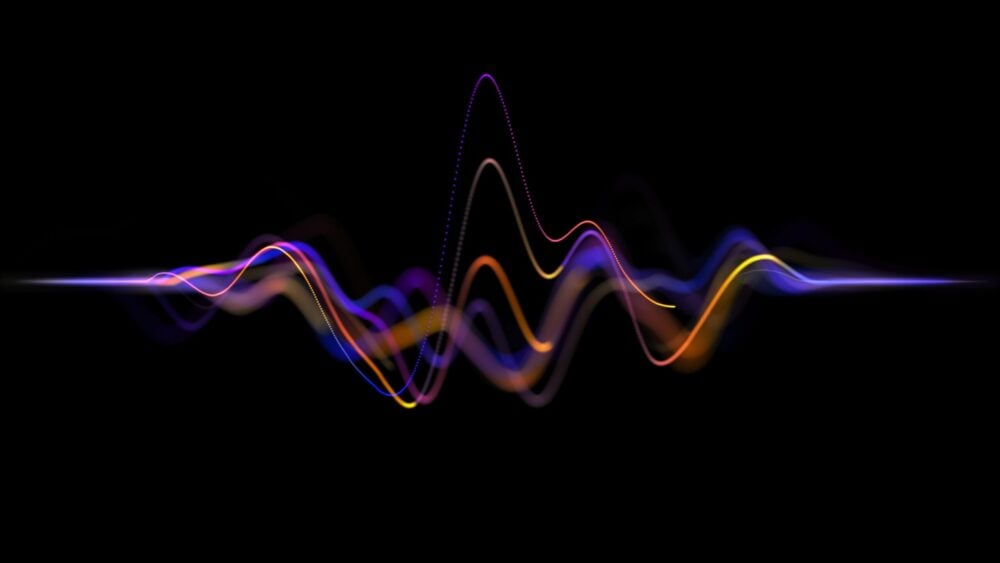 Abstract neon background glowing sound waves motion purple orange blue audio waves noise frequency waveform music track voice recording audio spectrum futuristic digital aesthetic cinematic energy premium visual depth atmosphere