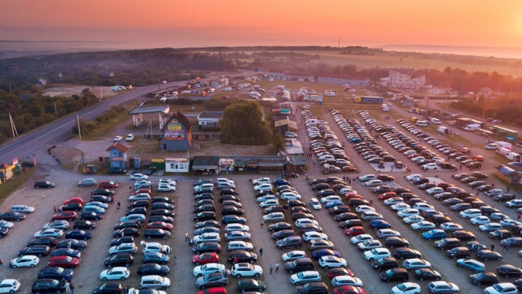 Parked cars at sunset