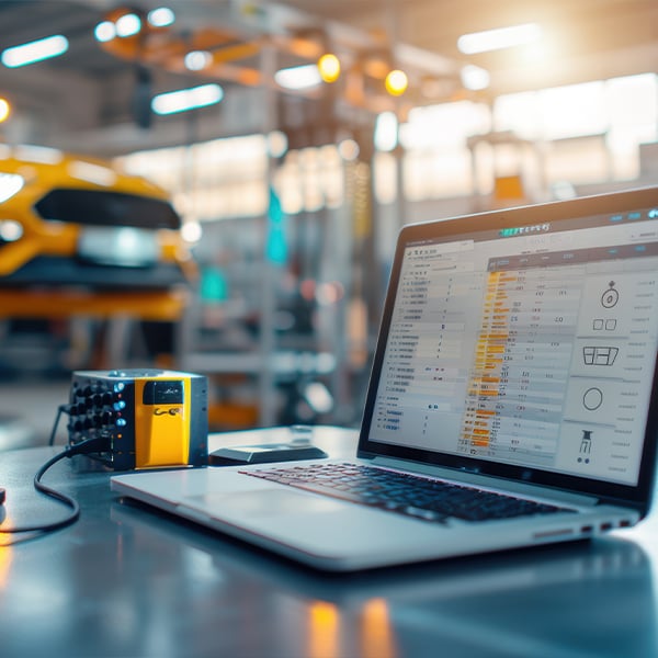 A silver laptop displaying data and graphs, next to a black and yellow diagnostic device, on a reflective table in a blurred industrial workshop.
