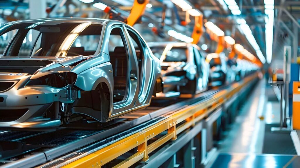 Cars being manufactured on a production line